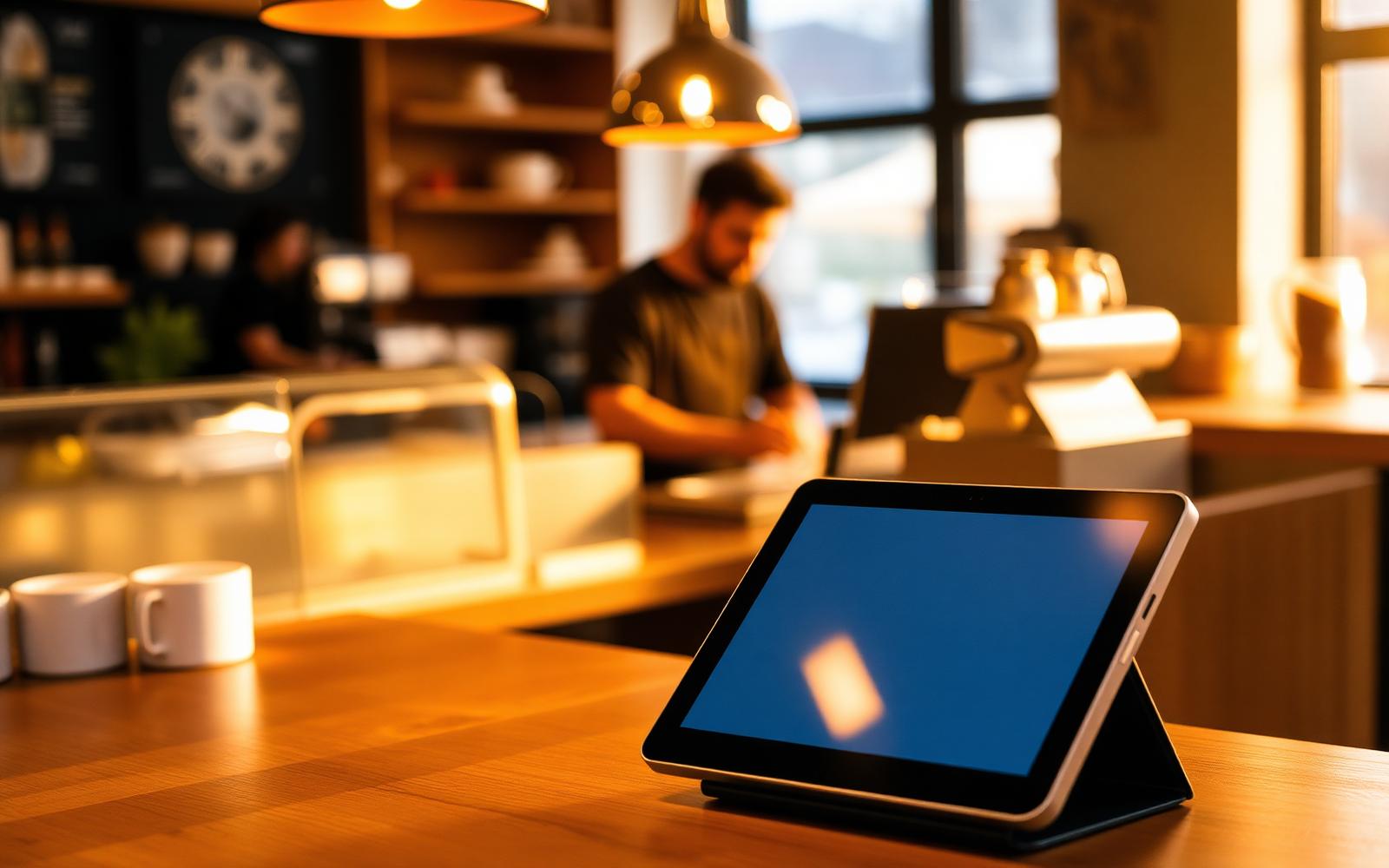 AllSpice POS tablet on a warm wooden counter in a coffee shop